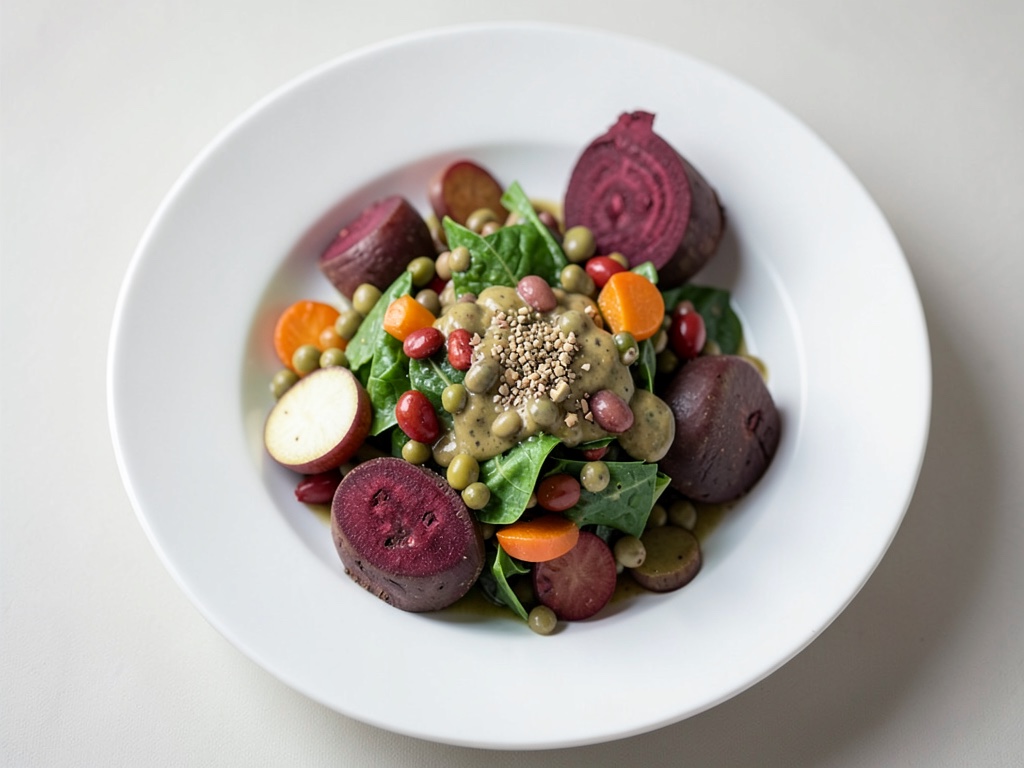 Insalata di verdure al forno con lenticchie e condimento alle alghe e albicocche