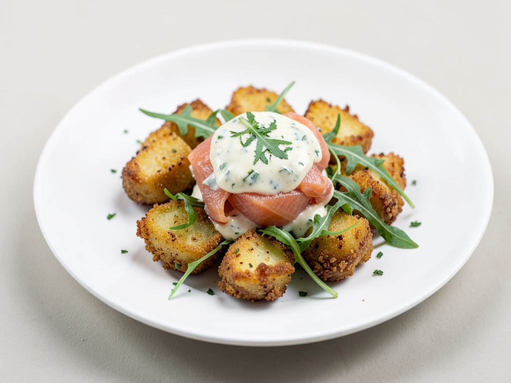 Patate al forno croccanti con salmone affumicato cremoso e rucola