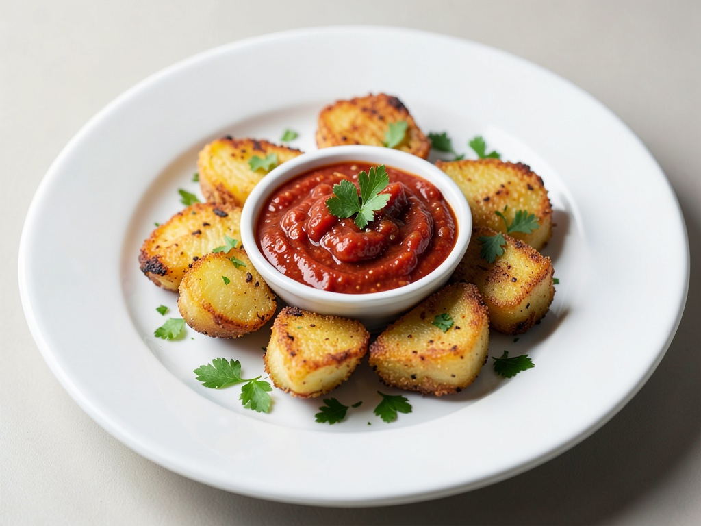 Pommes de terre croustillantes au four avec trempette piquante tomate-chili