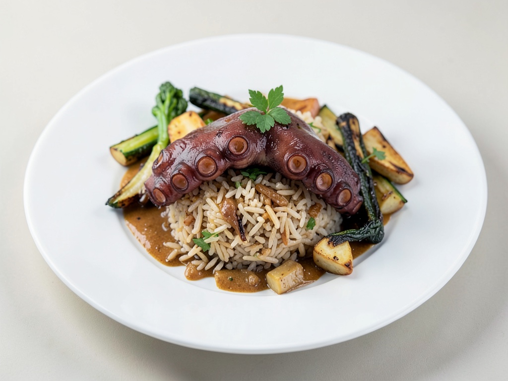 Zarter Oktopus mit aromatischem Reis und Grillgemüse