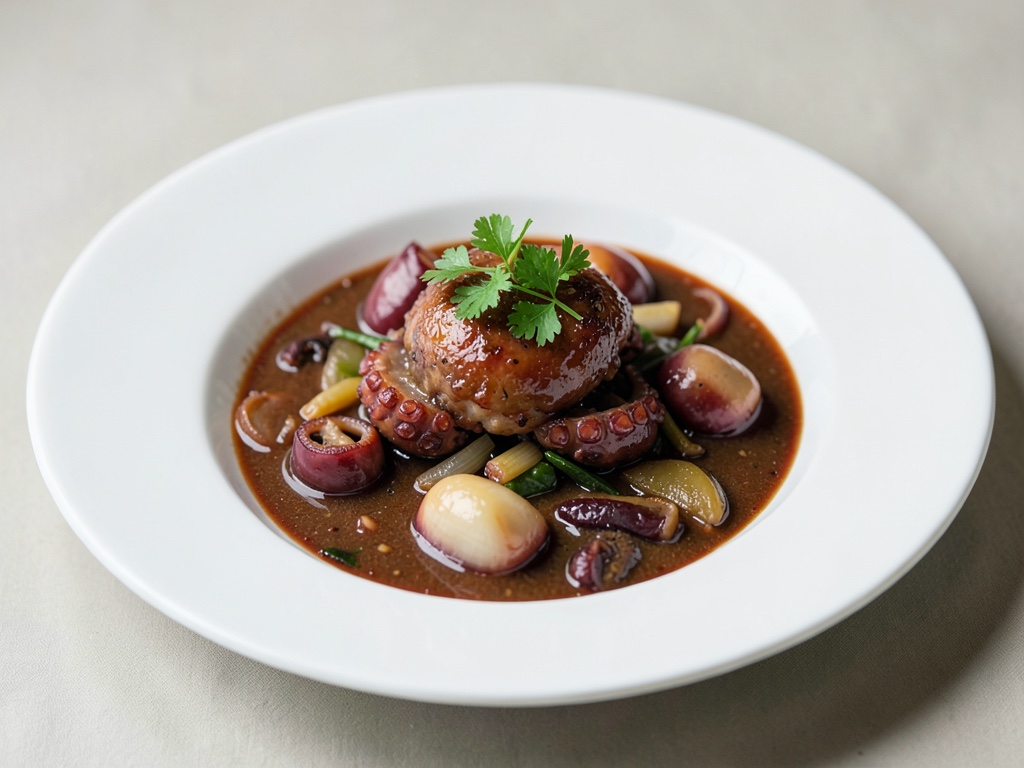 Ragoût tendre de poulpe au vin rouge et aux oignons
