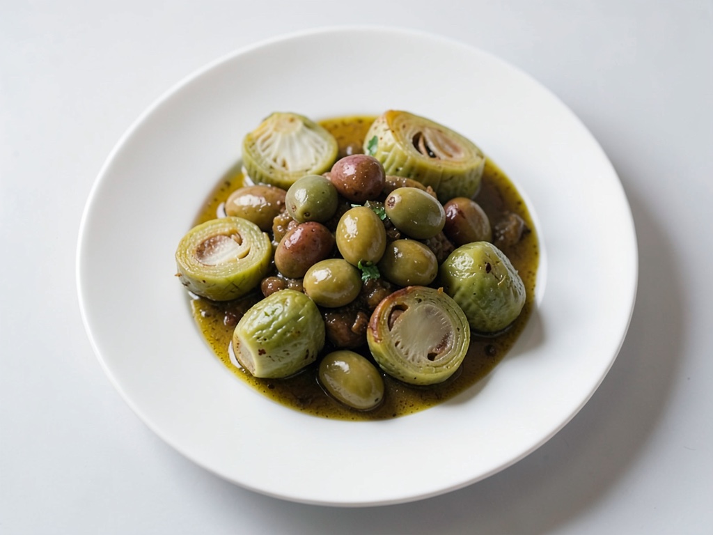 Aceitunas sobre crema de alcachofas