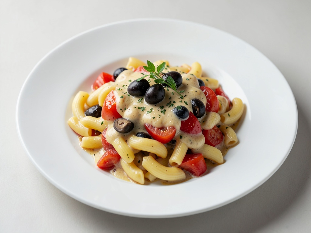 Maccheroni cremosi con pomodoro, oliva e acciuga