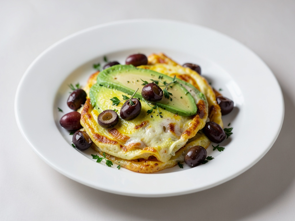 Tortilla francesa con aguacate y aceitunas