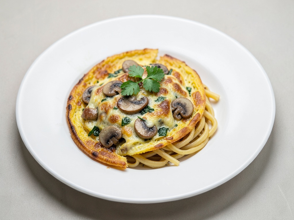 Flammkuchen-Omelett mit Pilzen und Nudeln
