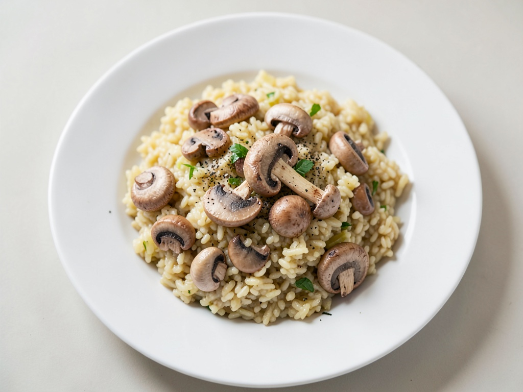 Risotto Orzo in una pentola con funghi champignon