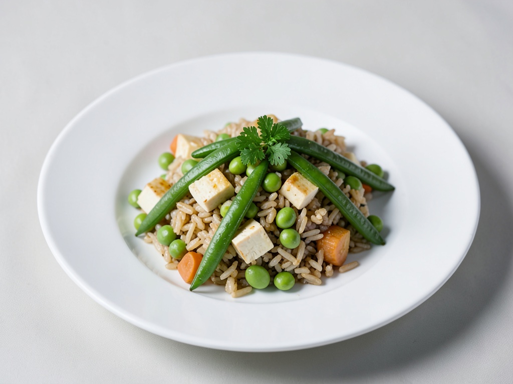 Riz en une poêle aux edamames, gousses de pois sucrés et tofu