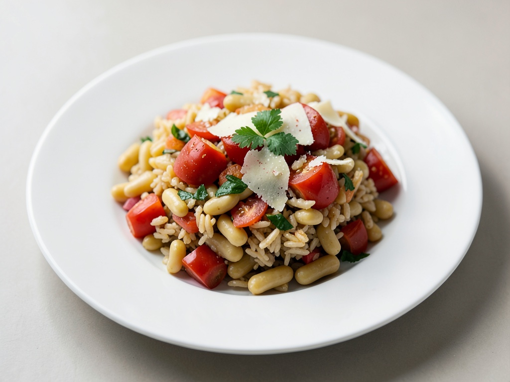 Riz en une poêle aux tomates, haricots blancs et parmesan