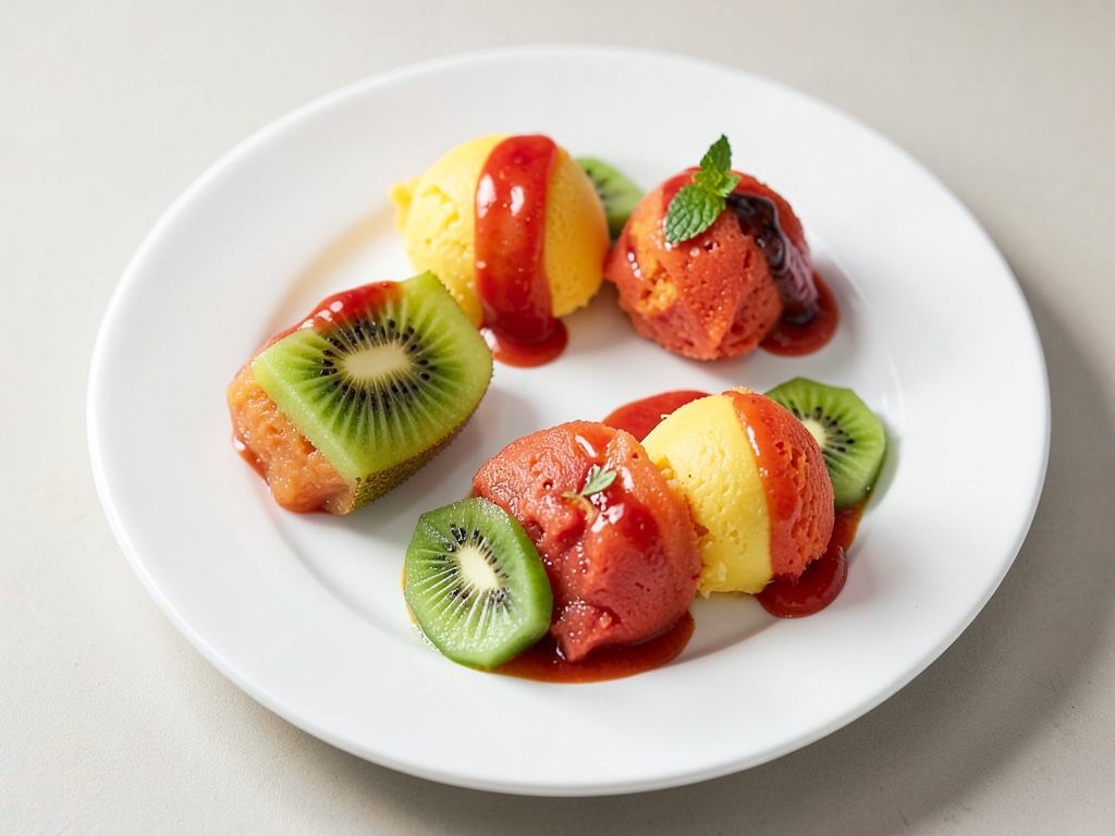 Ghiaccio all'arancia e kiwi e ghiaccio al melone e pomodoro