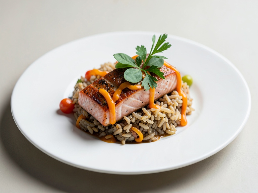 Salmone su riso alle noci con condimento all'arancia