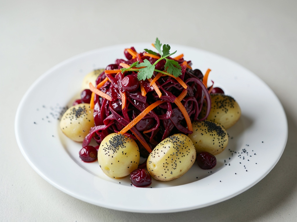Insalata di cavolo rosso e arance con mirtilli rossi e patate alla duchessa al sesamo