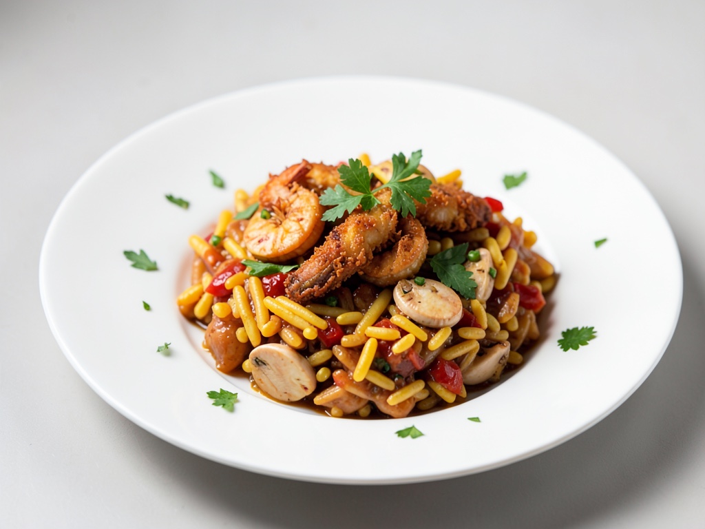 Paella croccante con frutti di mare e coniglio