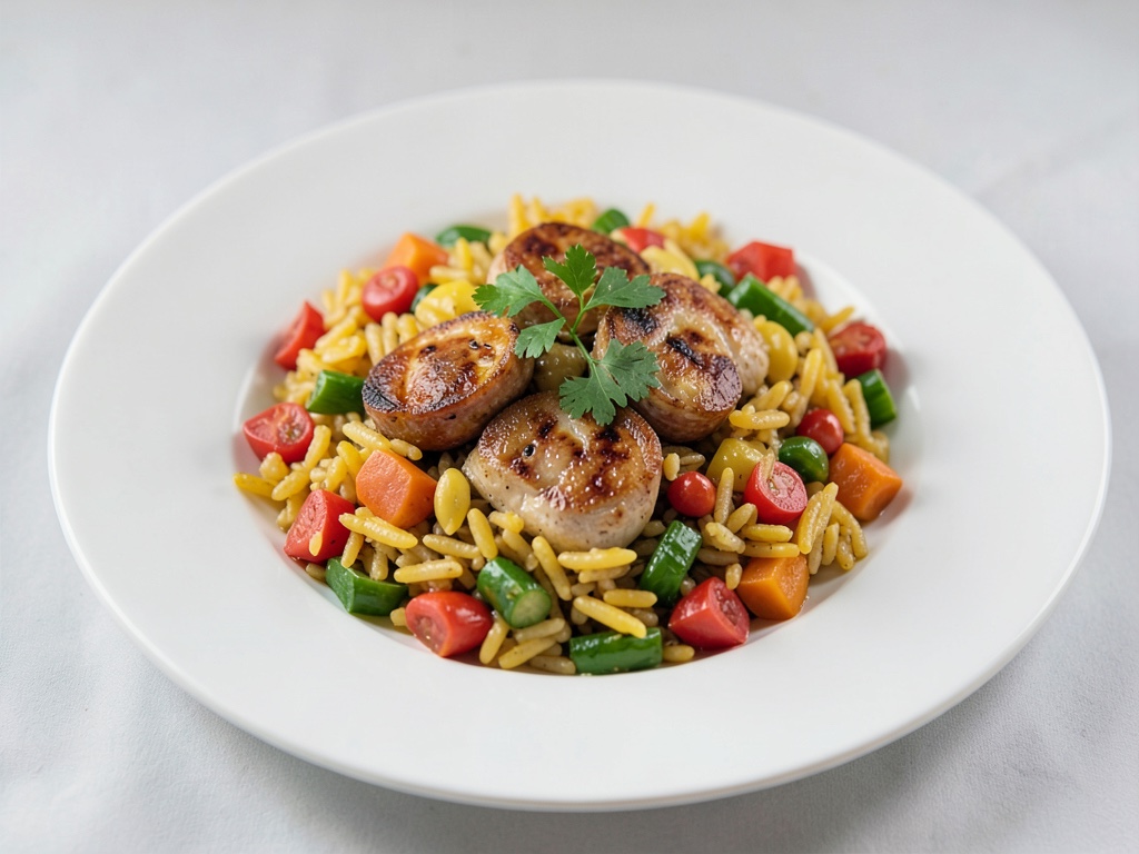 Paella di pollo con salsiccia e verdure