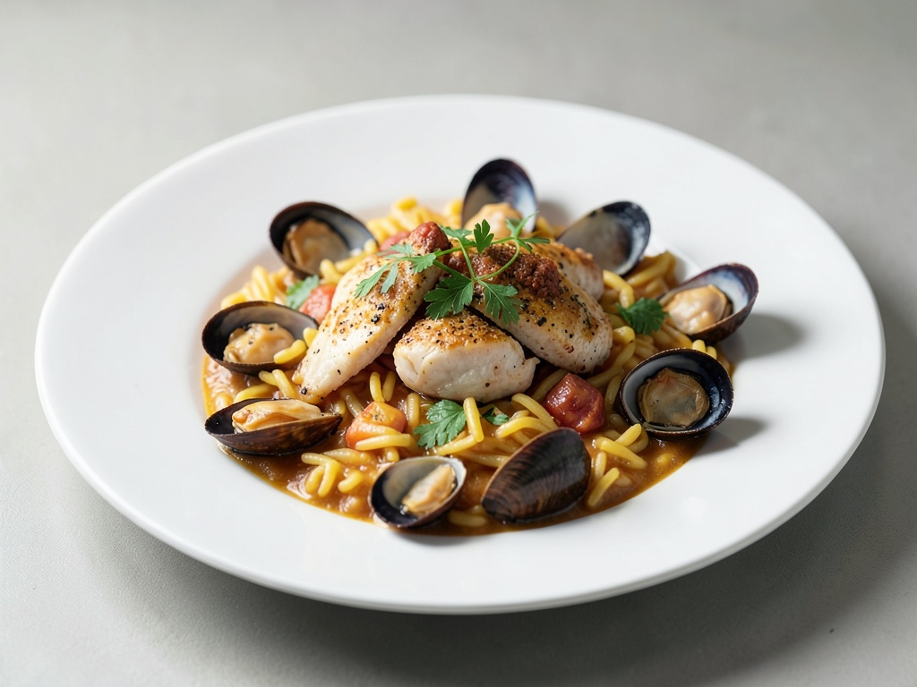 Paella con mejillones y pollo