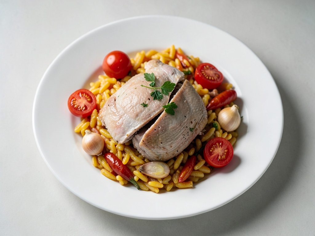 Paella croccante di pollastra con peperoni al forno