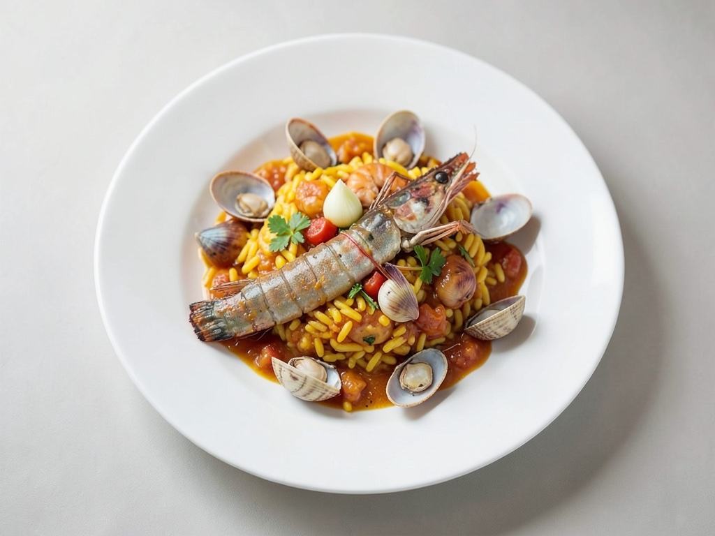 Paella aux fruits de mer avec calamars, moules et crevettes