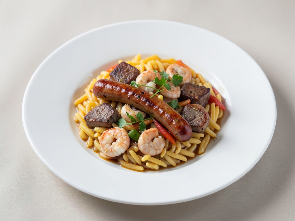 Paella con carne, salsiccia piccante e frutti di mare