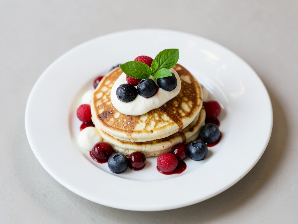 Fluffige Pancakes mit frischen Beeren und Basilikum-Joghurt-Creme