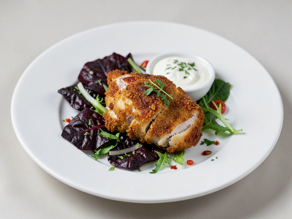 Petto di pollo croccante su radicchio con salsa allo yogurt