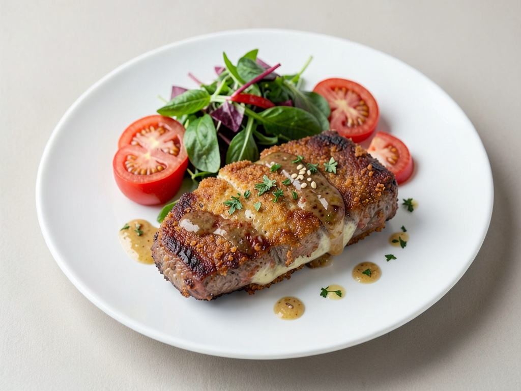 Steak di formaggio croccante con insalata fresca di pomodori e basilico