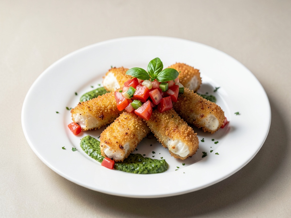 Bastoncini di mozzarella croccanti con salsa di pomodori freschi e pesto al basilico