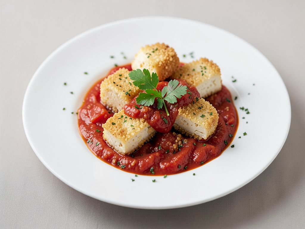 Pezzi di formaggio di pecora panati e croccanti con salsa di pomodoro fresca