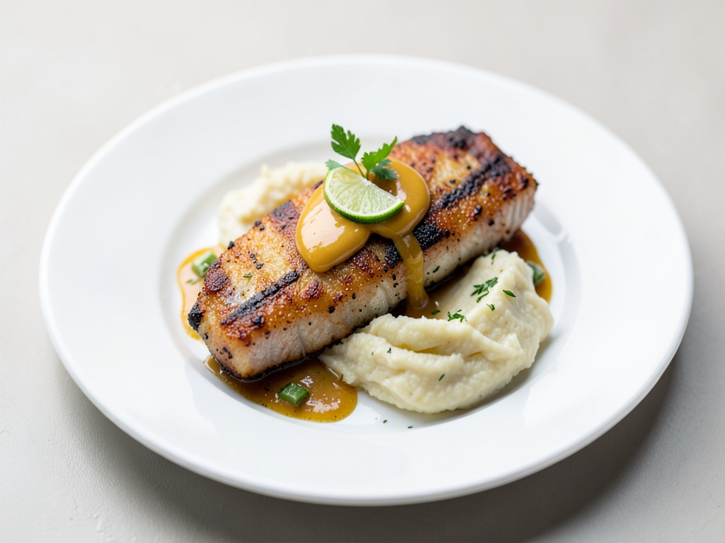 Morue croustillante au caramel au citron vert et purée de pommes de terre crémeuse