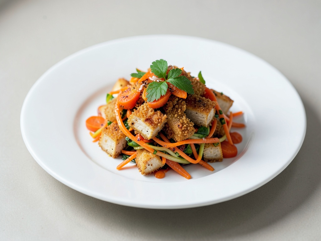 Orientalischer Möhrensalat mit knusprig paniertem Tofu