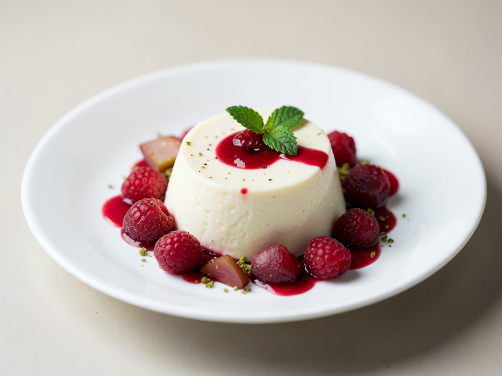 Panna Cotta alla vaniglia con gelato ai lamponi fatto in casa e rabarbaro