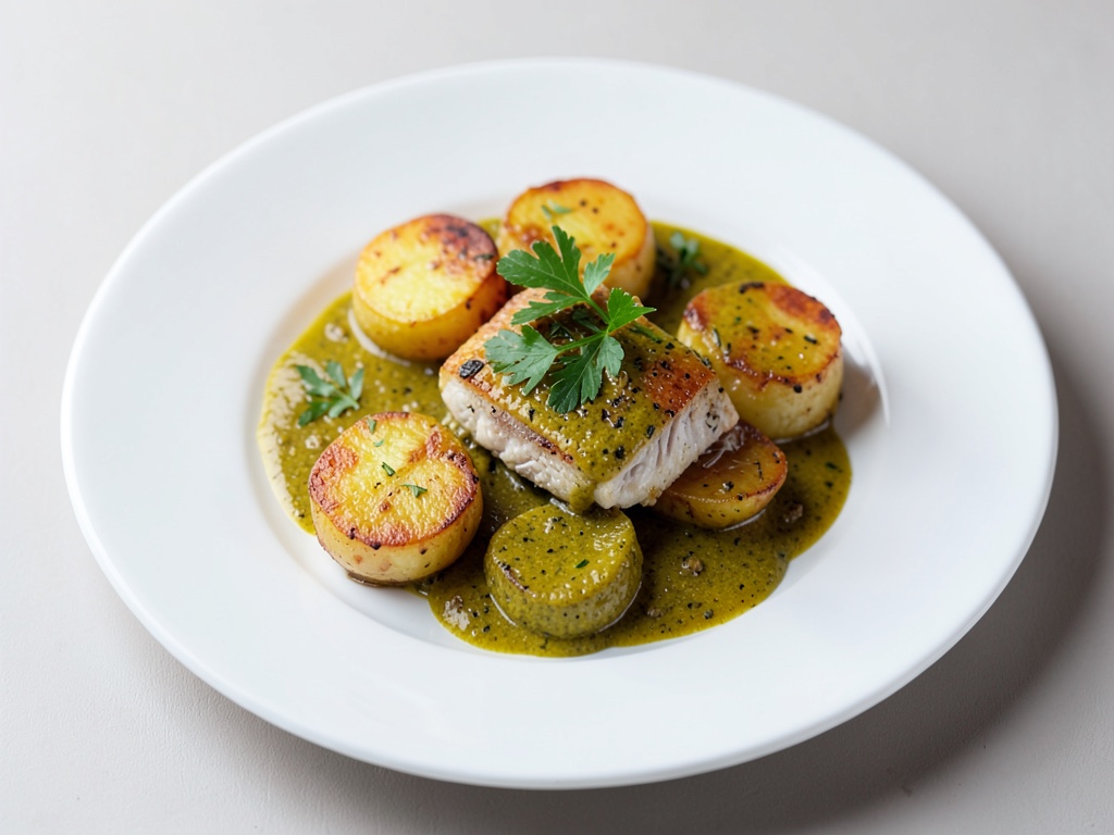 Patate fritte con pesce in salsa alla senape