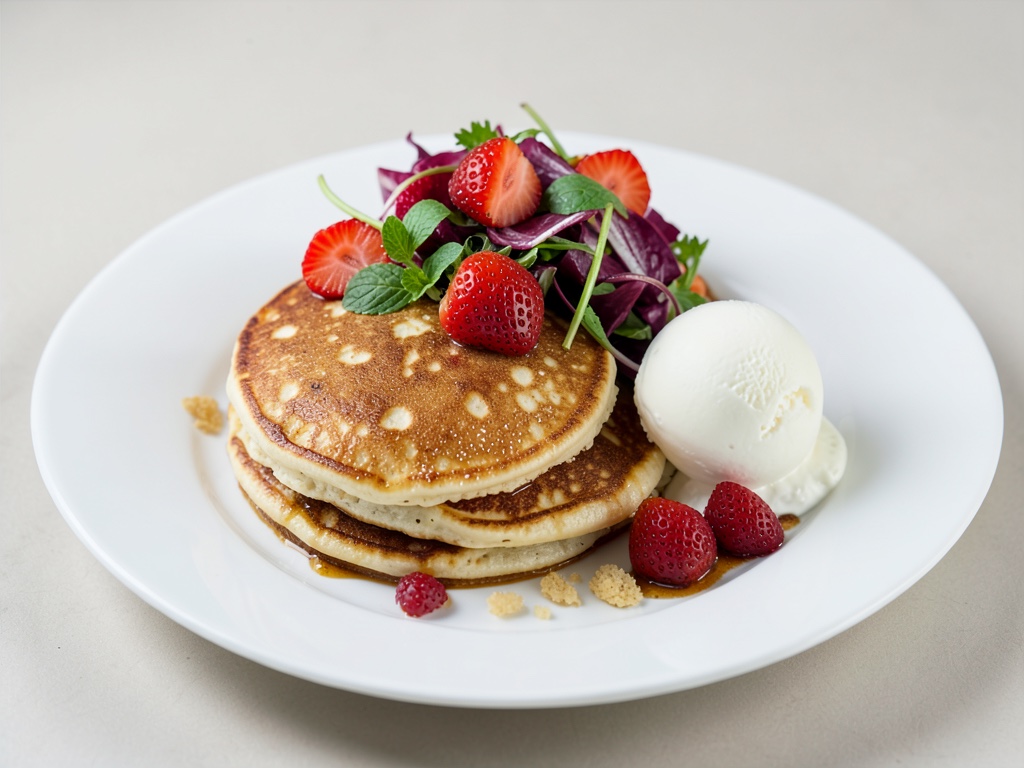 Fluffige Pfannkuchen mit Erdbeer-Salat und Vanilleeis