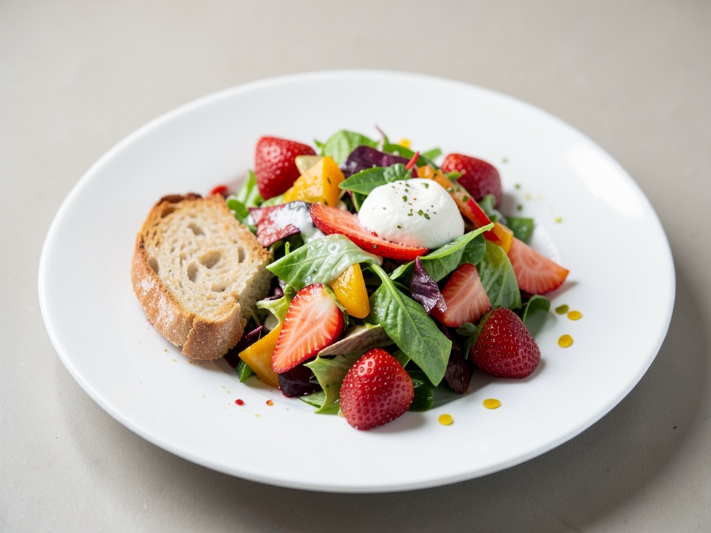 Insalata colorata con baguette tostato, fragole fresche e burrata cremosa