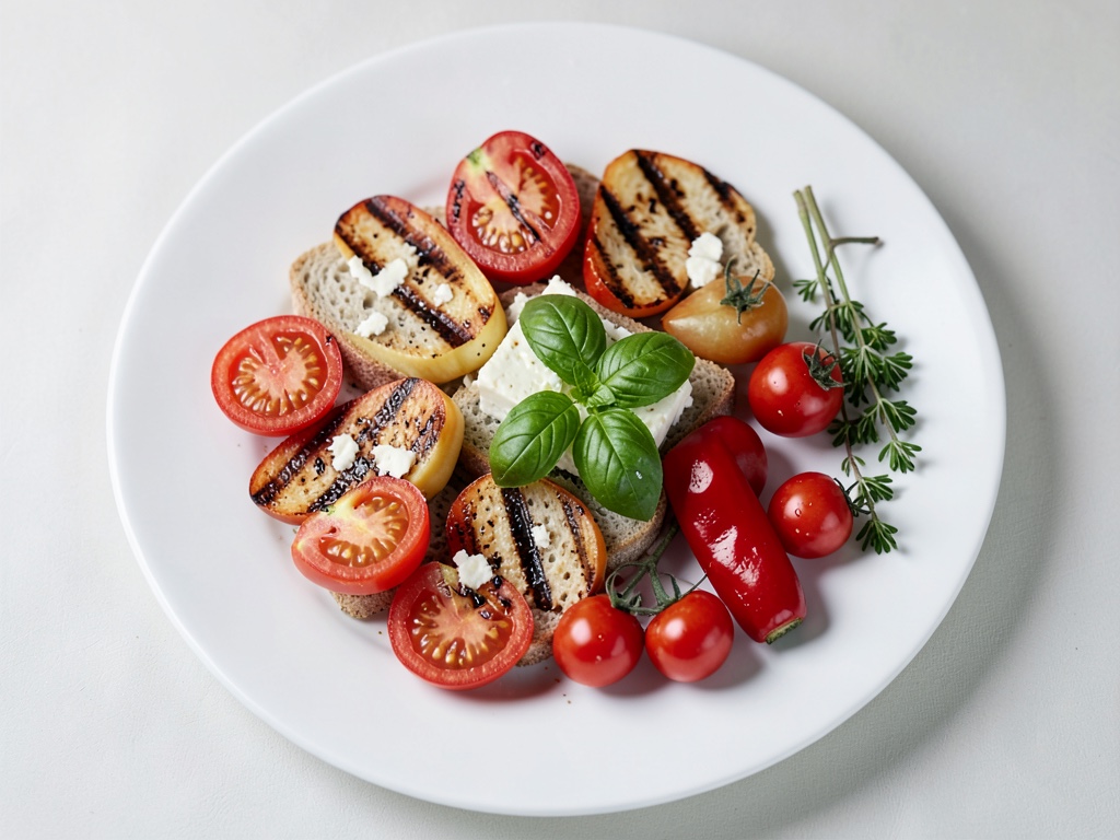 Salade de pain aux pêches grillées, tomates et fromage de chèvre