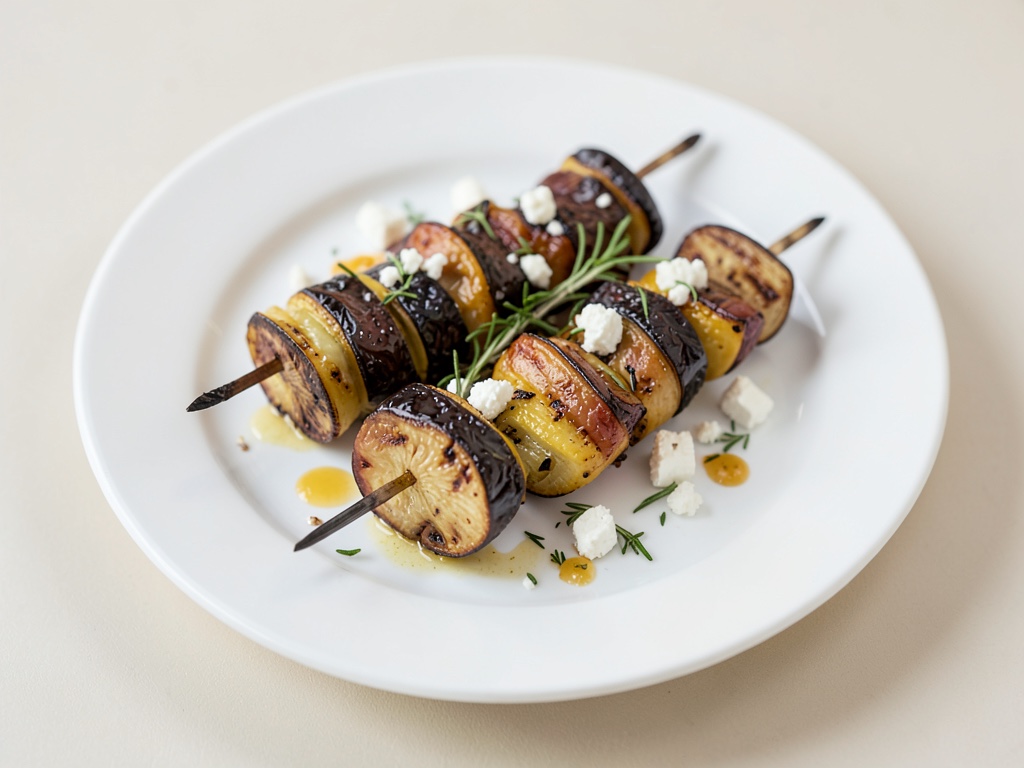 Gegrillte Paprika-Auberginen-Spieße mit Feta und Rosmarin