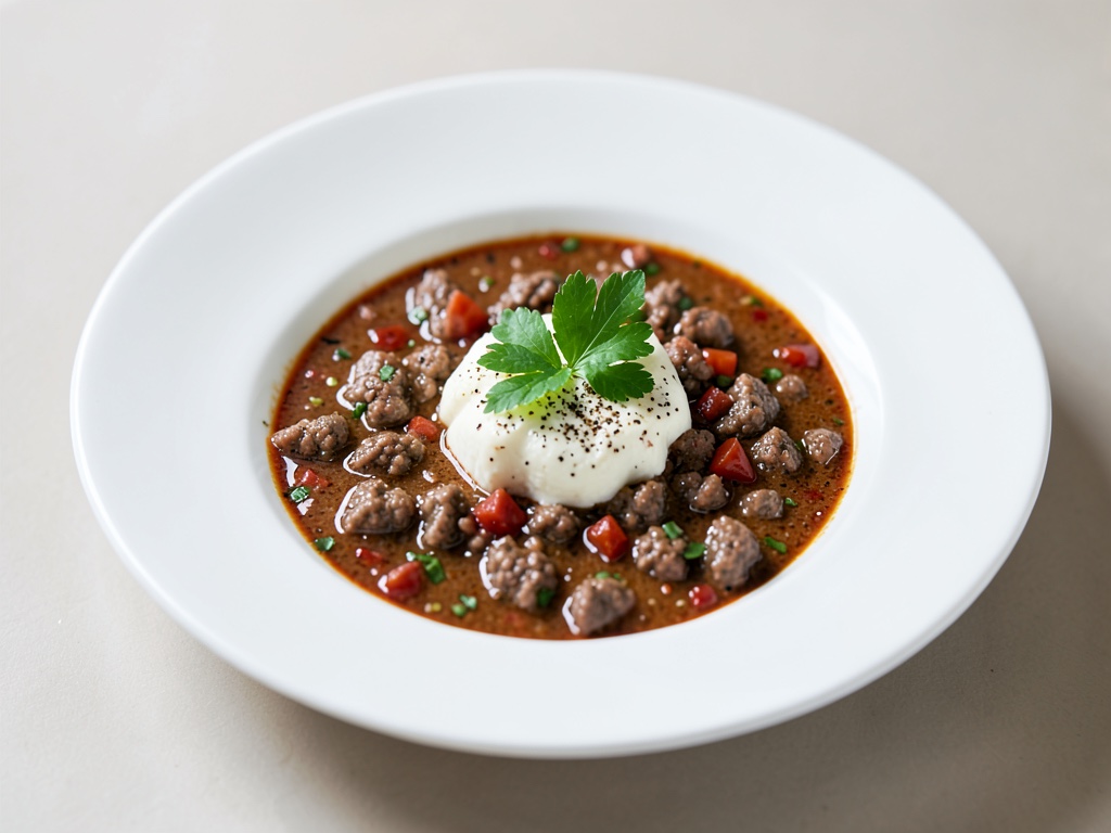 Sopa de carne picada con pimientos y queso de oveja