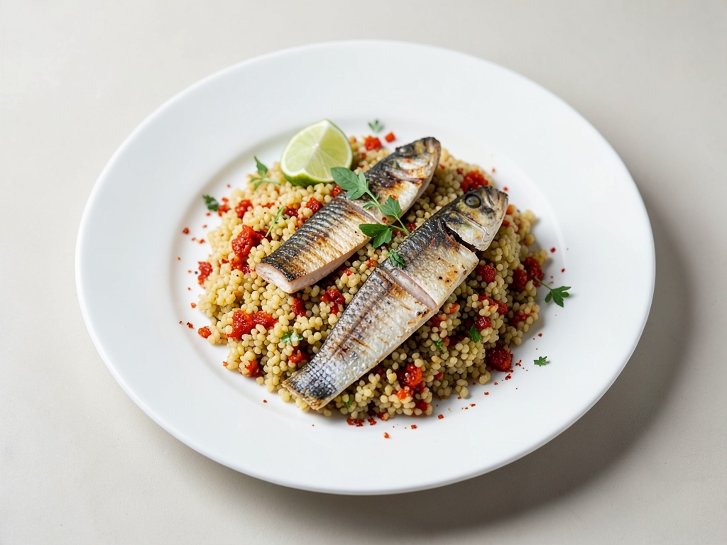 Couscous aux poivrons et à la lime, accompagné de maquereau grillé
