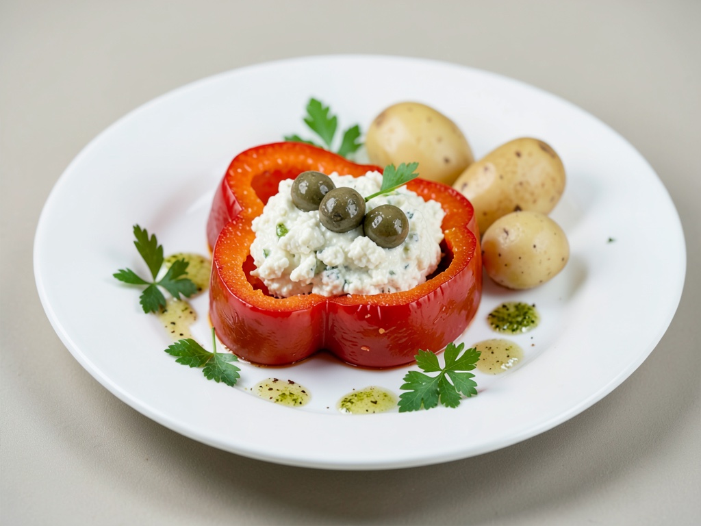 Peperoni ripieni con crema di quark e olive, serviti con patate bollite