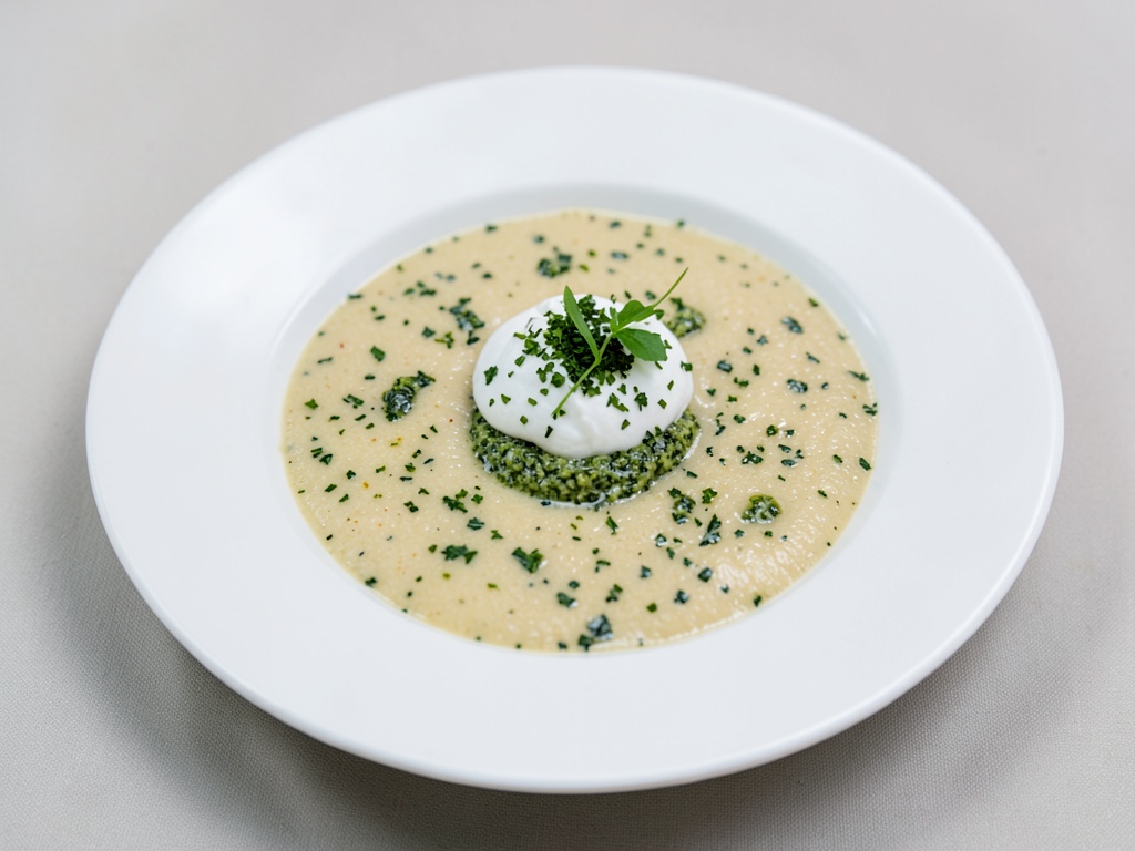 Zuppa cremosa di peperoni con panna acida e pesto