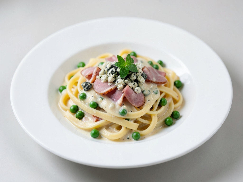 Cremige Pasta mit Schinken, Gorgonzola und Erbsen