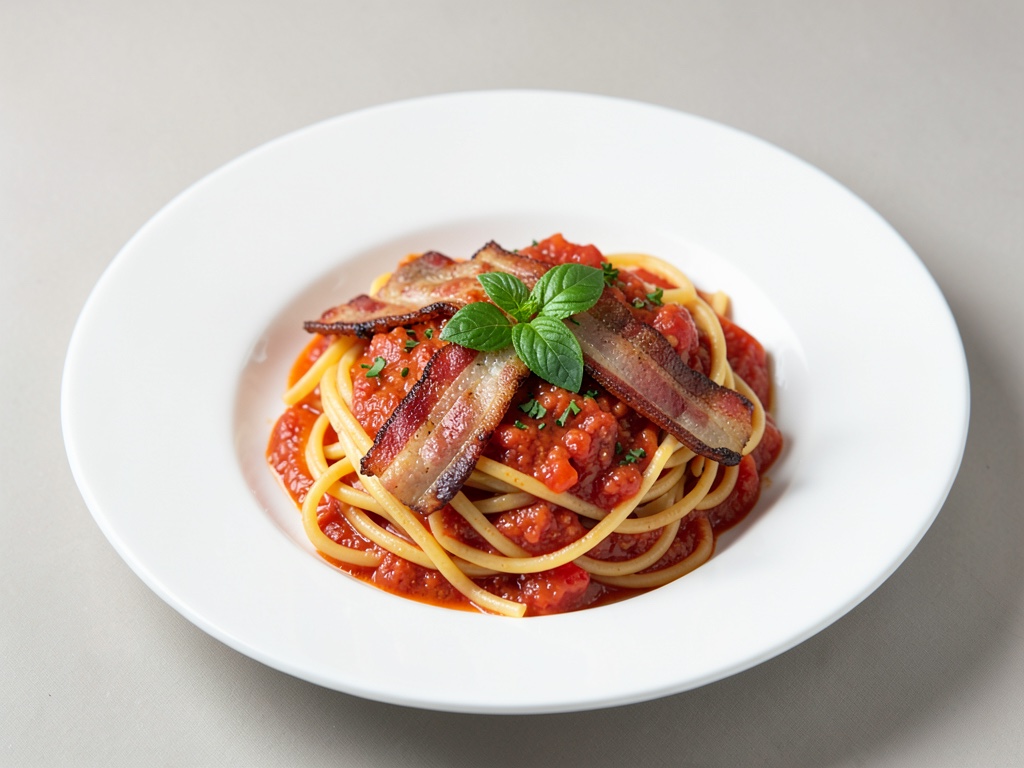 Nudeln mit knusprigem Bacon und frischer Tomatensoße