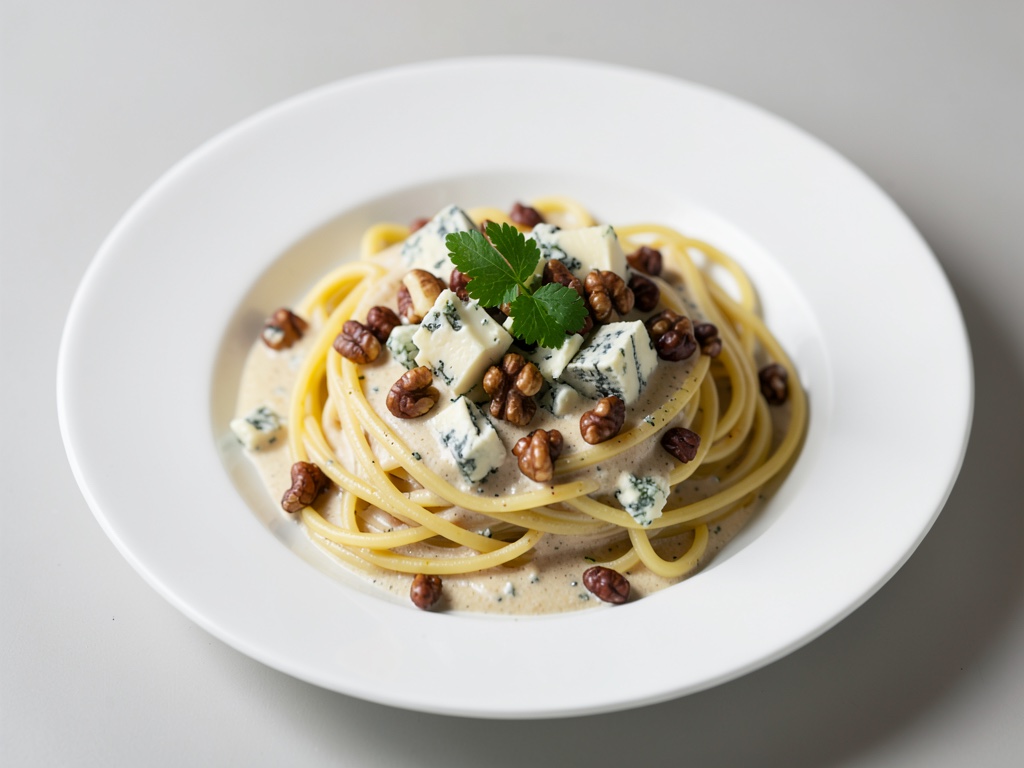 Cremige Spaghetti mit Blauschimmelkäse und Walnüssen