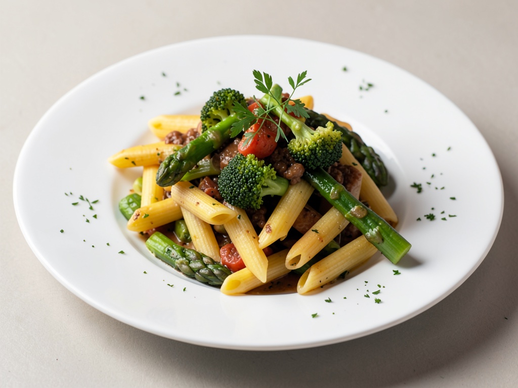 Penne mit Brokkoli und grünem Spargel