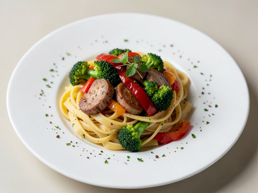 Nudeln mit Brokkoli, Wurst und Paprika