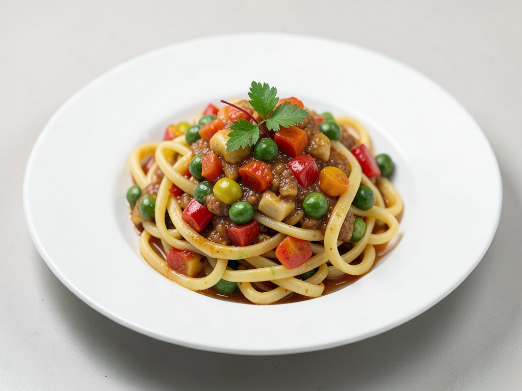 Bunte Pasta mit Gemüse in Soße