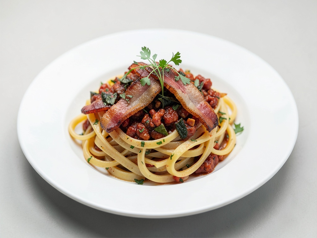 Bandnudeln mit knusprigem Speck, scharfer Chili und Chicorée