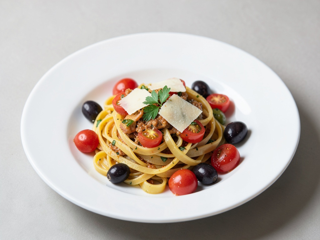 Nudeln mit Cocktailtomaten, Oliven und Parmesan