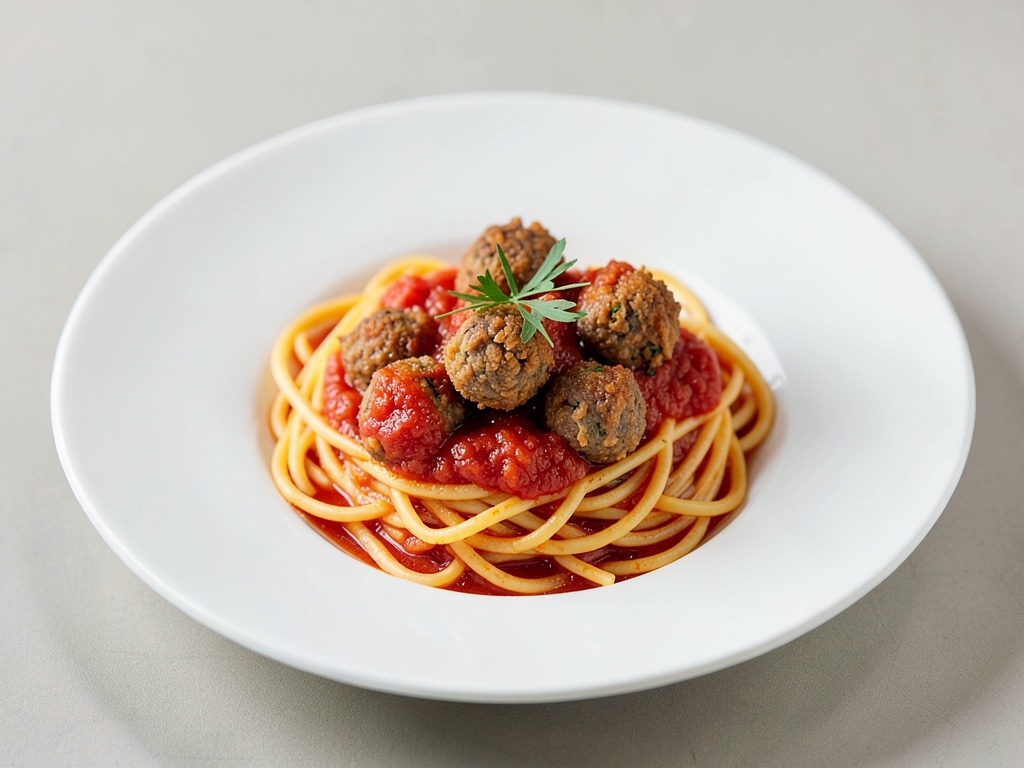 Spaghetti mit gebratenen Fleischbällchen in Tomatensoße