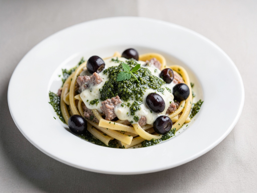 Nudeln mit Frischkäse-Wurst-Sauce, Oliven und hausgemachtem Pesto
