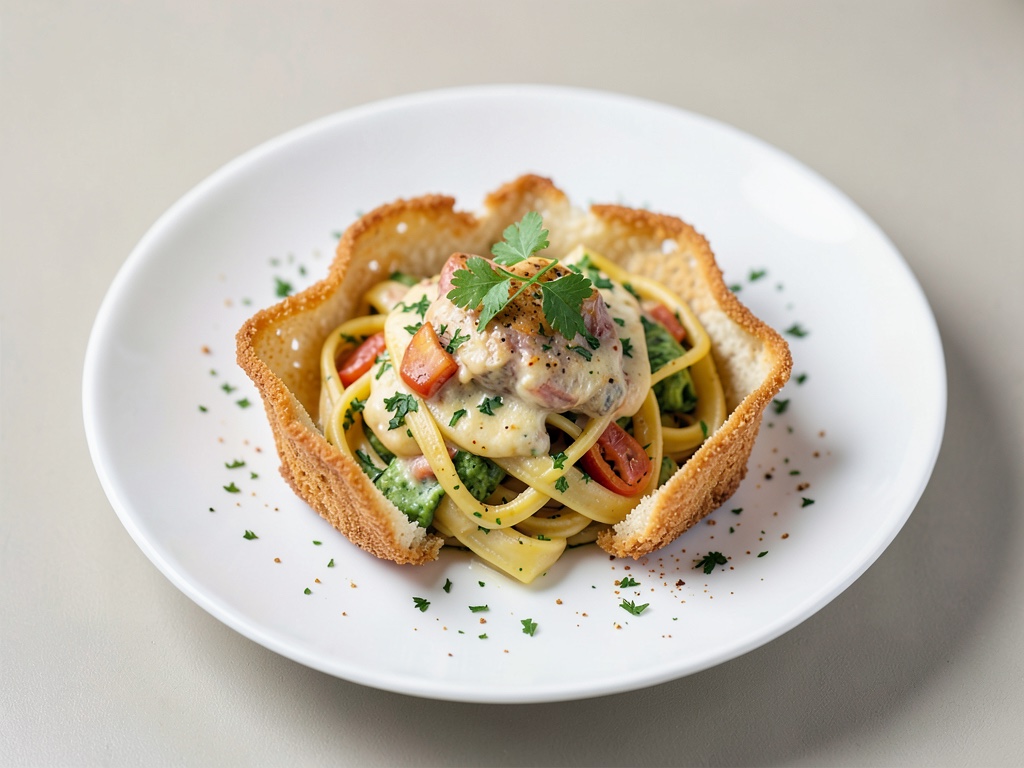 Frühlings-Pasta in knusprigen Parmesan-Körbchen