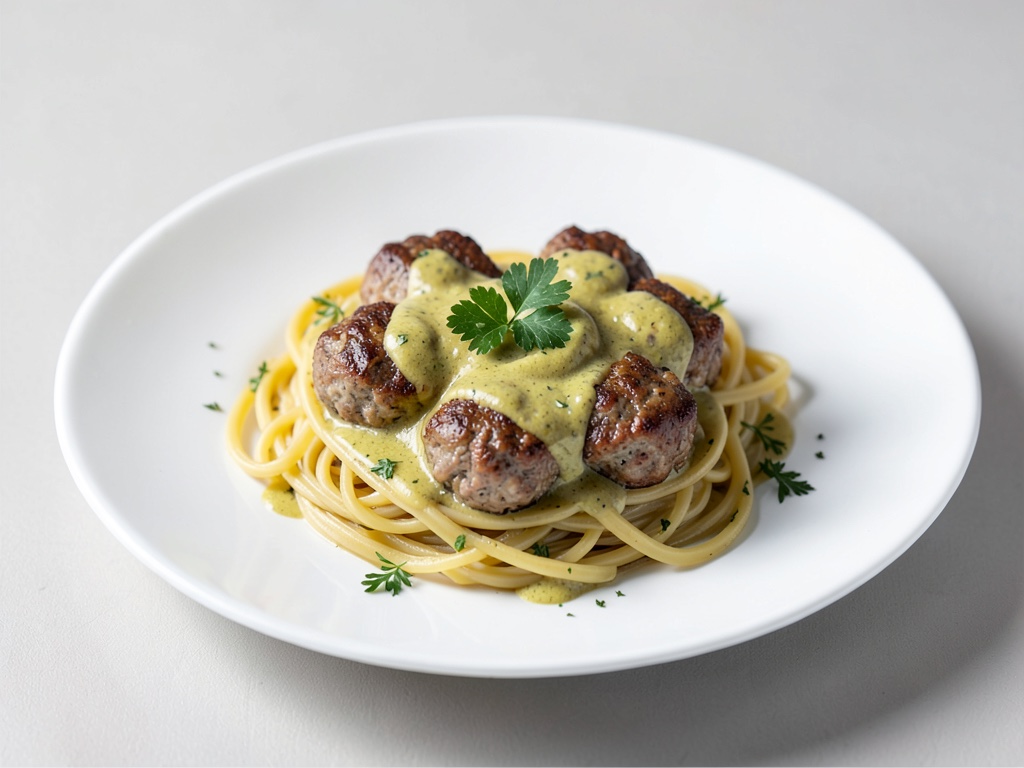 Hähnchenbällchen auf Pasta mit Senf-Sahne-Soße